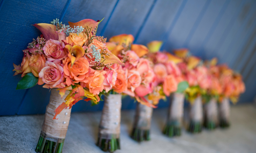 Bridesmaids bouquets lined up 