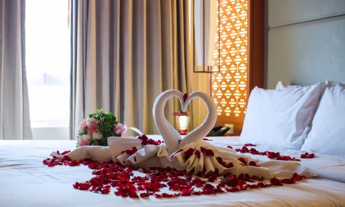 Decorated bed in the honeymoon suite