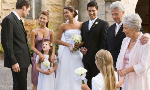 Bride and groom with their family
